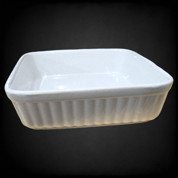 Vintage Stoneware Cream Speckled Japan Ribbed Mini Baking Dish Casserole Pan - Picture 4 of 9